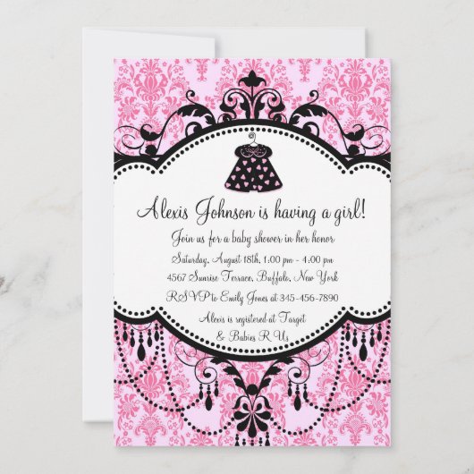 Roze Zwart Damask Baby Meisje Douche Uitnodigingen (Achterkant)