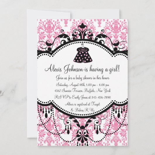 Roze Zwart Damask Baby Meisje Douche Uitnodigingen (Achterkant)