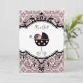 Roze Zwart Damask Baby Meisje Douche Uitnodigingen (Staand voorkant)