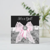 Roze Zwart Damask Baby Shower Uitnodigingen (Staand voorkant)