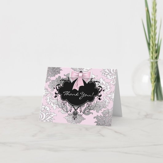 Roze Zwart Damask Dank u kaarten (Voorkant)