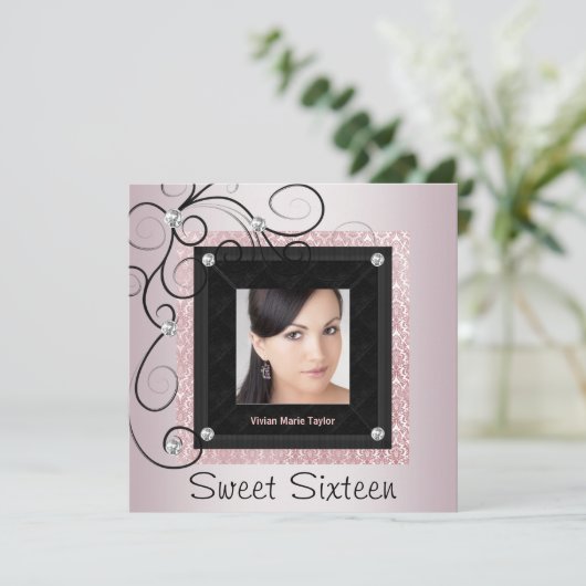 Roze Zwart Damask Foto Sweet 16 Party Kaart (Staand voorkant)