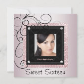 Roze Zwart Damask Foto Sweet 16 Party Kaart (Voorkant)