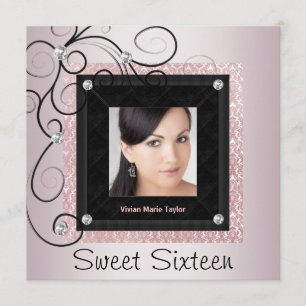 Roze Zwart Damask Foto Sweet 16 Party Kaart