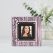 Roze Zwart Damask Foto Sweet 16 Party Kaart (Staand voorkant)