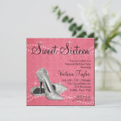 Roze Zwart Damask High Heels Sweet 16 Party Kaart (Staand voorkant)