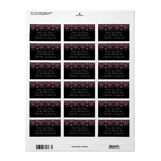 Roze/Zwart Damask Kant Retouradres Label (Full Sheet)