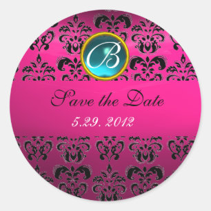 ROZE ZWART DAMASK MONOGRAM, blauwe turquase, fuchs Ronde Sticker