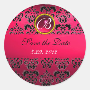 ROZE ZWART DAMASK MONOGRAM, rode robijn, fuchsia Ronde Sticker