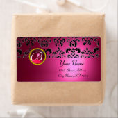 ROZE ZWART DAMASK MONOGRAM, RODE ROBIJNEN ETIKET (Insitu)