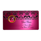 ROZE ZWART DAMASK MONOGRAM, RODE ROBIJNEN ETIKET (Voorkant)