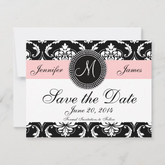  Roze zwart Damask Monogram sparen de Datum Save The Date (Achterkant)