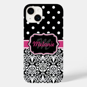 Roze zwart Damask Polka Dots Pattern Monogram Case-Mate iPhone 14 Hoesje