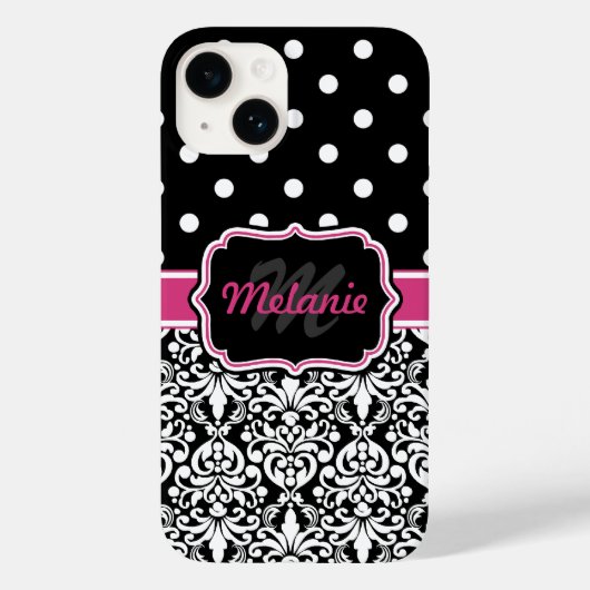 Roze zwart Damask Polka Dots Pattern Monogram Case-Mate iPhone Case (Achterkant)