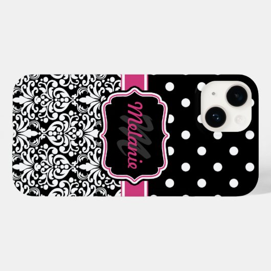 Roze zwart Damask Polka Dots Pattern Monogram Case-Mate iPhone Case (Achterkant (horizontaal))