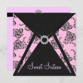 Roze Zwart Damask Sweet 16 Party Kaart (Voorkant / Achterkant)