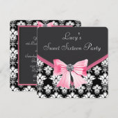 Roze Zwart Damask Sweet 16 Party Kaart (Voorkant / Achterkant)
