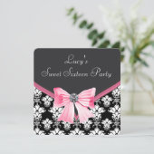 Roze Zwart Damask Sweet 16 Party Kaart (Staand voorkant)