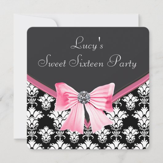 Roze Zwart Damask Sweet 16 Party Kaart (Voorkant)
