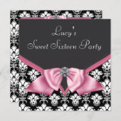 Roze Zwart Damask Sweet 16 Party Kaart (Voorkant / Achterkant)