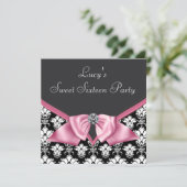 Roze Zwart Damask Sweet 16 Party Kaart (Staand voorkant)