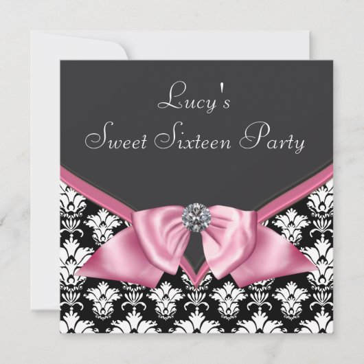 Roze Zwart Damask Sweet 16 Party Kaart (Voorkant)