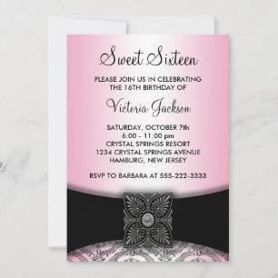 Roze Zwart Damask Sweet Sixteen Party Kaart