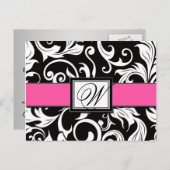 Roze Zwart Damask Wedding Save the Date Briefkaart (Voorkant / Achterkant)