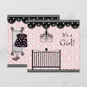 Roze Zwart Damask Wieg Kroonluchter Baby shower Kaart (Voorkant / Achterkant)