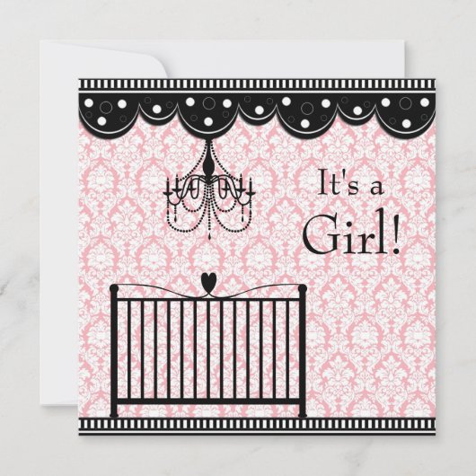 Roze Zwart Damask Wieg Kroonluchter Baby shower Kaart (Voorkant)