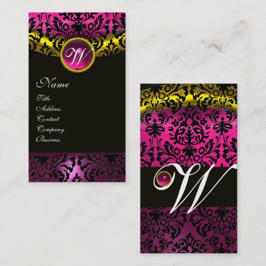 ROZE ZWART DAMAST AMETHYST MONOGRAM Fuchsia Goud Visitekaartje (Voorkant / Achterkant)