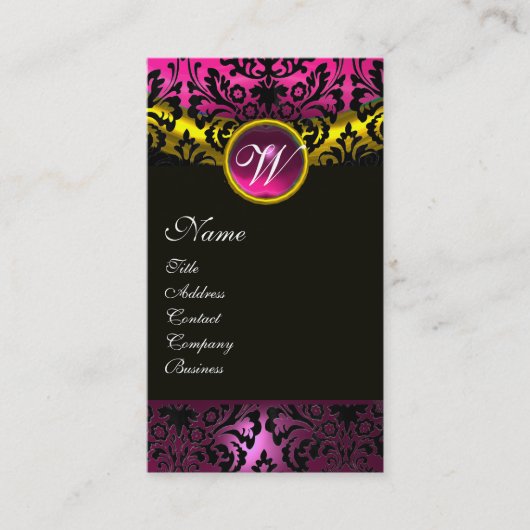 ROZE ZWART DAMAST AMETHYST MONOGRAM Fuchsia Goud Visitekaartje (Voorkant)