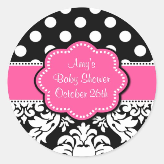 Roze Zwart Damast Baby shower of Verjaardag Sticke Ronde Sticker (Voorkant)