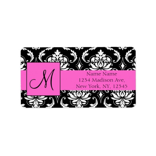 Roze Zwart Damast Bruiloft RSVP Retouradres Etiket (Voorkant)