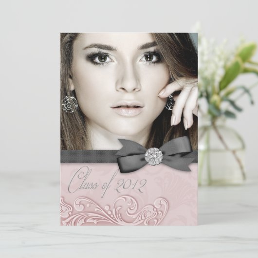 Roze Zwart Damast Foto Afstuderen Aankondigingen (Staand voorkant)