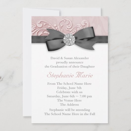 Roze Zwart Damast Foto Afstuderen Aankondigingen (Achterkant)