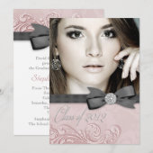 Roze Zwart Damast Foto Afstuderen Aankondigingen (Voorkant / Achterkant)