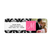 Roze Zwart Damast Monogram Foto Bruiloft Etiket (Voorkant)