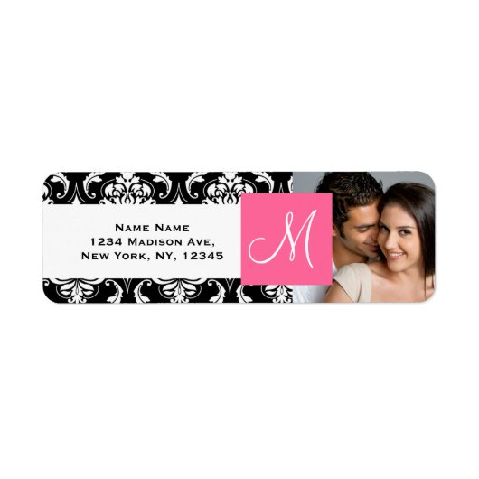 Roze Zwart Damast Monogram Verloving Foto Etiket (Voorkant)