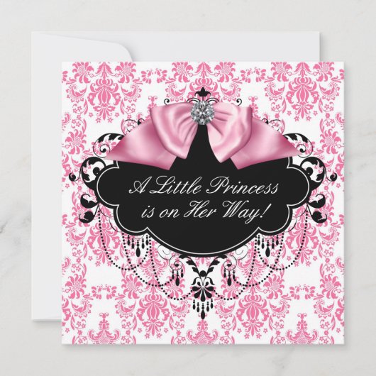 Roze Zwart Damast Princess Baby shower Kaart (Voorkant)