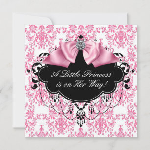 Roze Zwart Damast Princess Baby shower Kaart