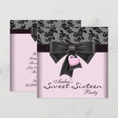 Roze Zwart Damast Sweet 16 Verjaardagsfeestje Kaart (Voorkant / Achterkant)