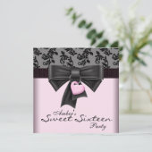 Roze Zwart Damast Sweet 16 Verjaardagsfeestje Kaart (Staand voorkant)
