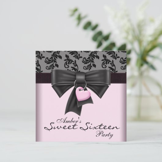 Roze Zwart Damast Sweet 16 Verjaardagsfeestje Kaart (Staand voorkant)
