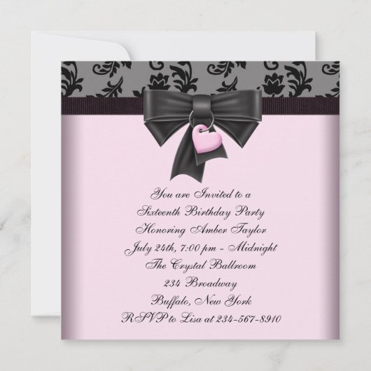 Roze Zwart Damast Sweet 16 Verjaardagsfeestje Kaart (Achterkant)