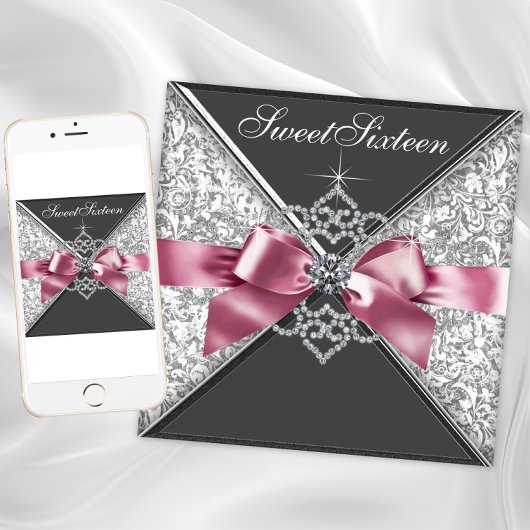 Roze Zwart Diamant Bow Sweet 16 Verjaardagsfeestje Kaart