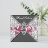 Roze Zwart Diamant Bow Sweet 16 Verjaardagsfeestje Kaart (Staand voorkant)
