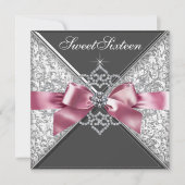 Roze Zwart Diamant Bow Sweet 16 Verjaardagsfeestje Kaart (Voorkant)