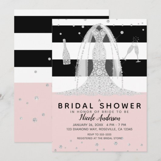 Roze Zwart Diamant Trouwjurk Vrijgezellenfeest Kaart (Voorkant / Achterkant)