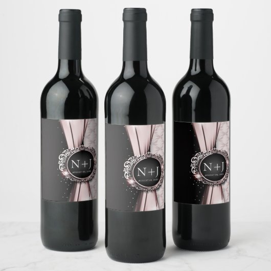 Roze & Zwart Elegant Luxe Bruiloft Wijn Etiket (Flessen)